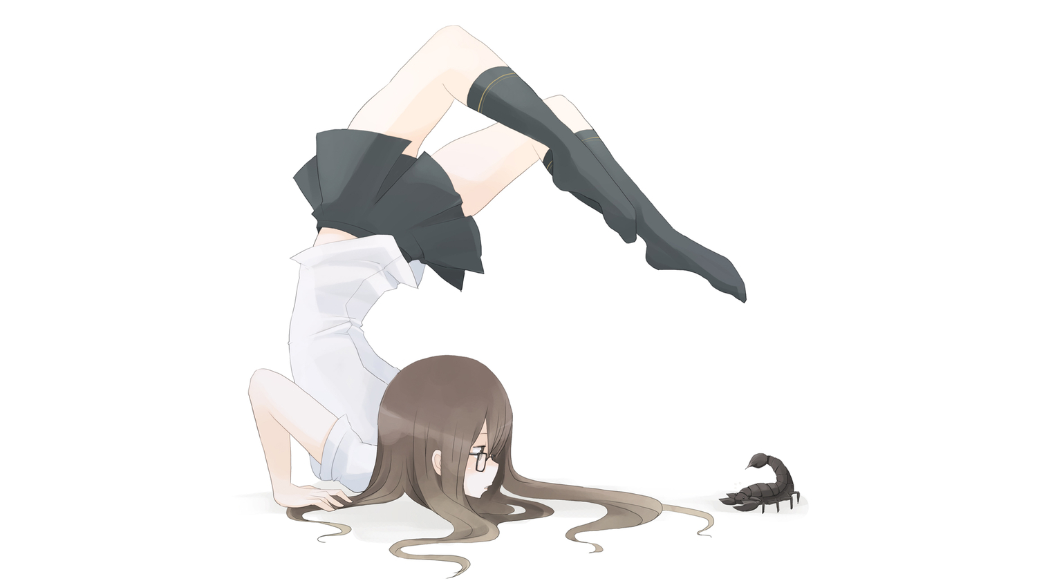 brown_eyes, brown_hair, glasses, long_hair, original, socks, tansuke, white