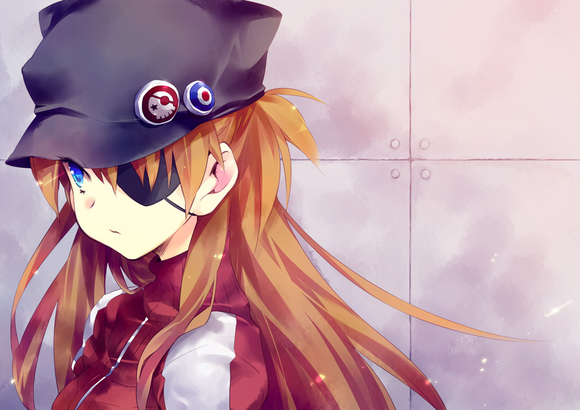 blue_eyes, brown_hair, close, ech, eyepatch, hat, long_hair, neon_genesis_evangelion