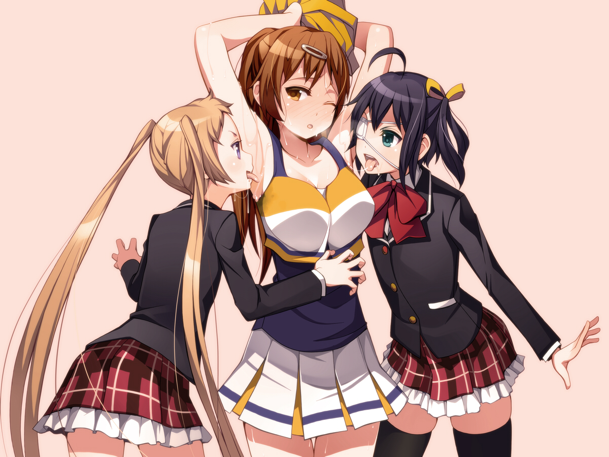 cheerleader, chuunibyou_demo_koi_ga_shitai!, dekomori_sanae, eyepatch, long_hair, nibutani_shinka, school_uniform, skirt
