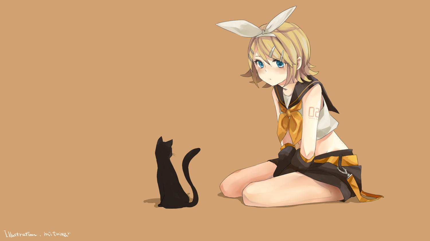 animal, blonde_hair, blue_eyes, cat, kagamine_rin, kuronyanko, short_hair, vocaloid