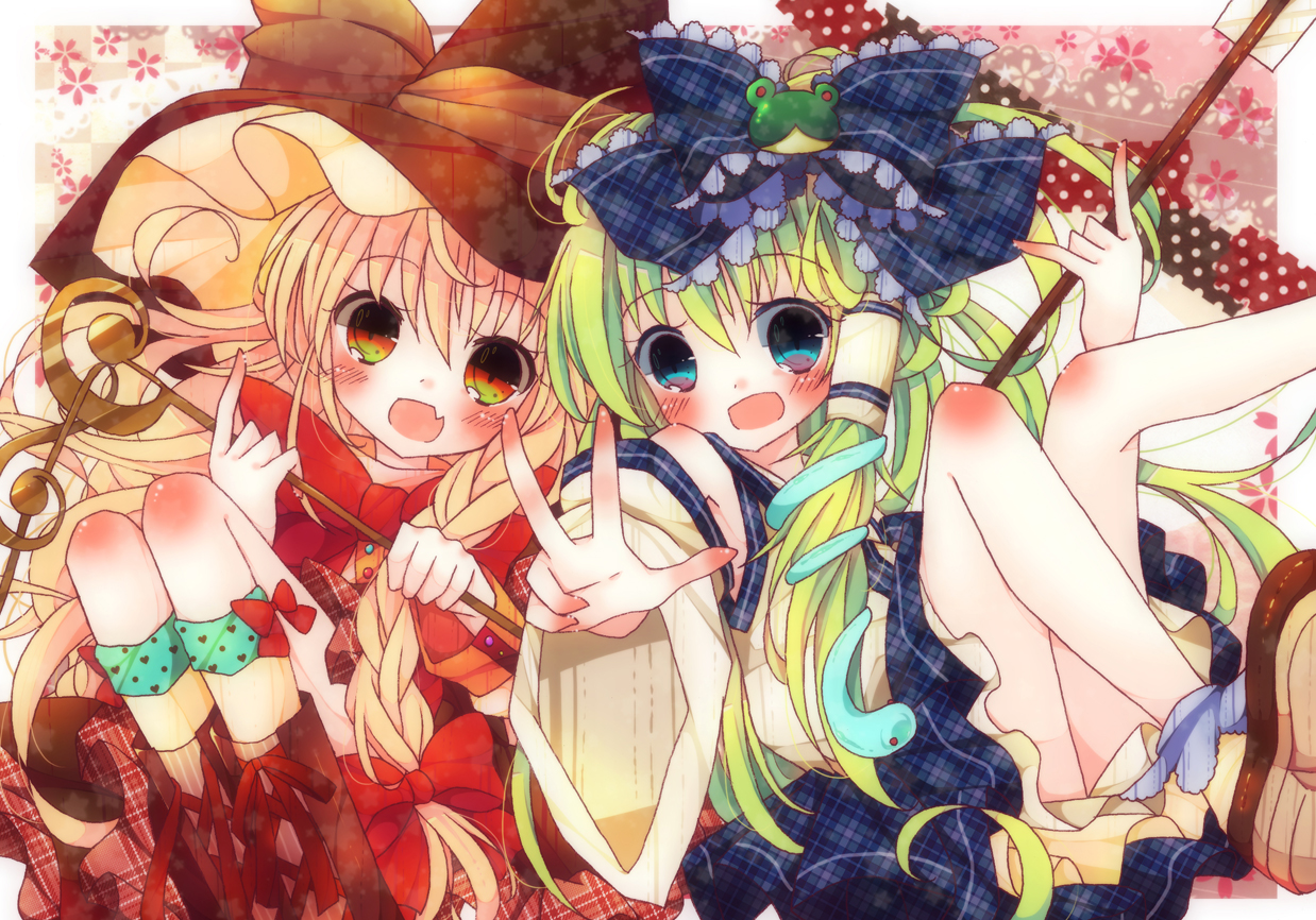 2girls, blonde_hair, blue_eyes, blush, bow, braids, green_hair, hat