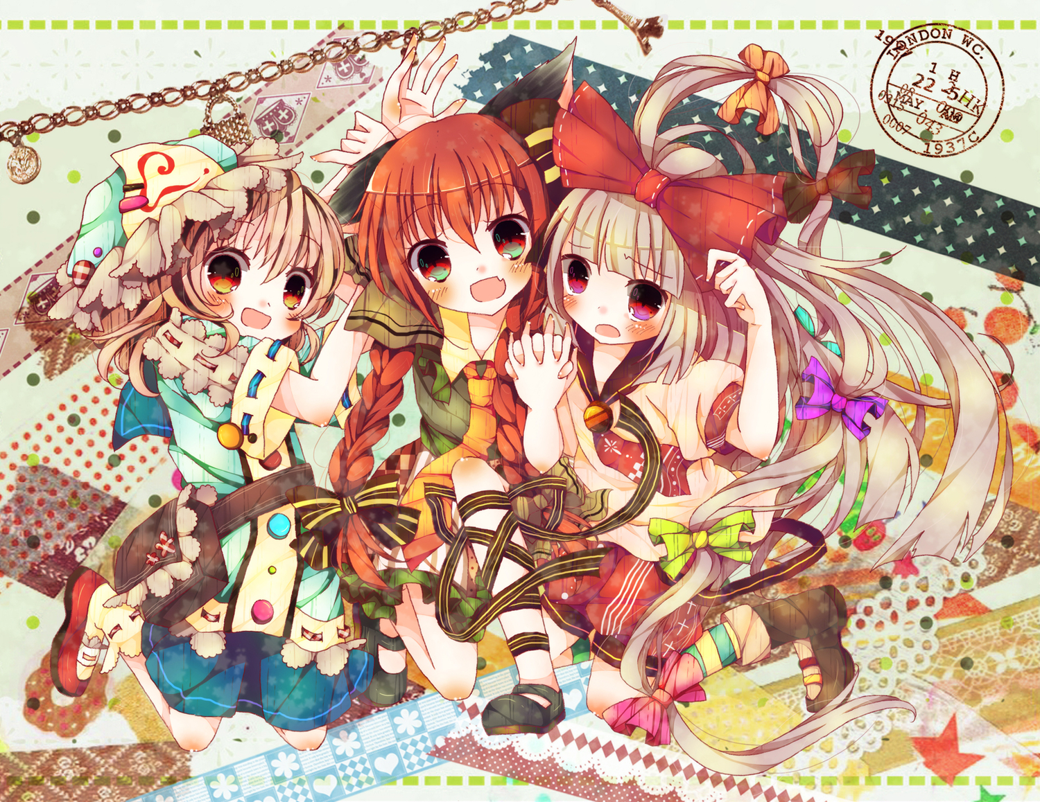 animal_ears, blush, bow, catgirl, fujiwara_no_mokou, gray_hair, hat, kaenbyou_rin, long_hair, orange_eyes, pink_hair, pukichan18, purple_eyes, red_eyes, red_hair, ribbons, saigyouji_yuyuko, school_uniform, short_hair, shorts, tail, touhou
