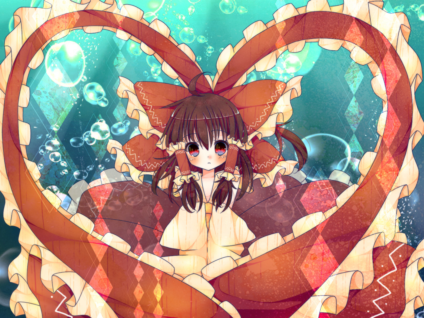blush, bow, braids, brown_hair, bubbles, hakurei_reimu, heart, japanese_clothes, long_hair, miko, pukichan18, red_eyes, touhou, underwater, water