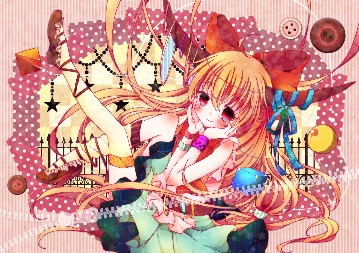 blonde_hair, blush, bow, horns, ibuki_suika, loli, long_hair, pukichan18, red_eyes, touhou