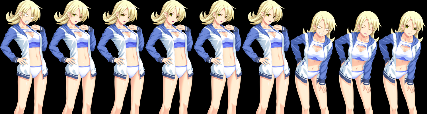 bikini, blonde_hair, breasts, cleavage, green_eyes, katakage_fuurin, koutaro, short_hair, swimsuit, transparent, tropical_kiss, twinkle