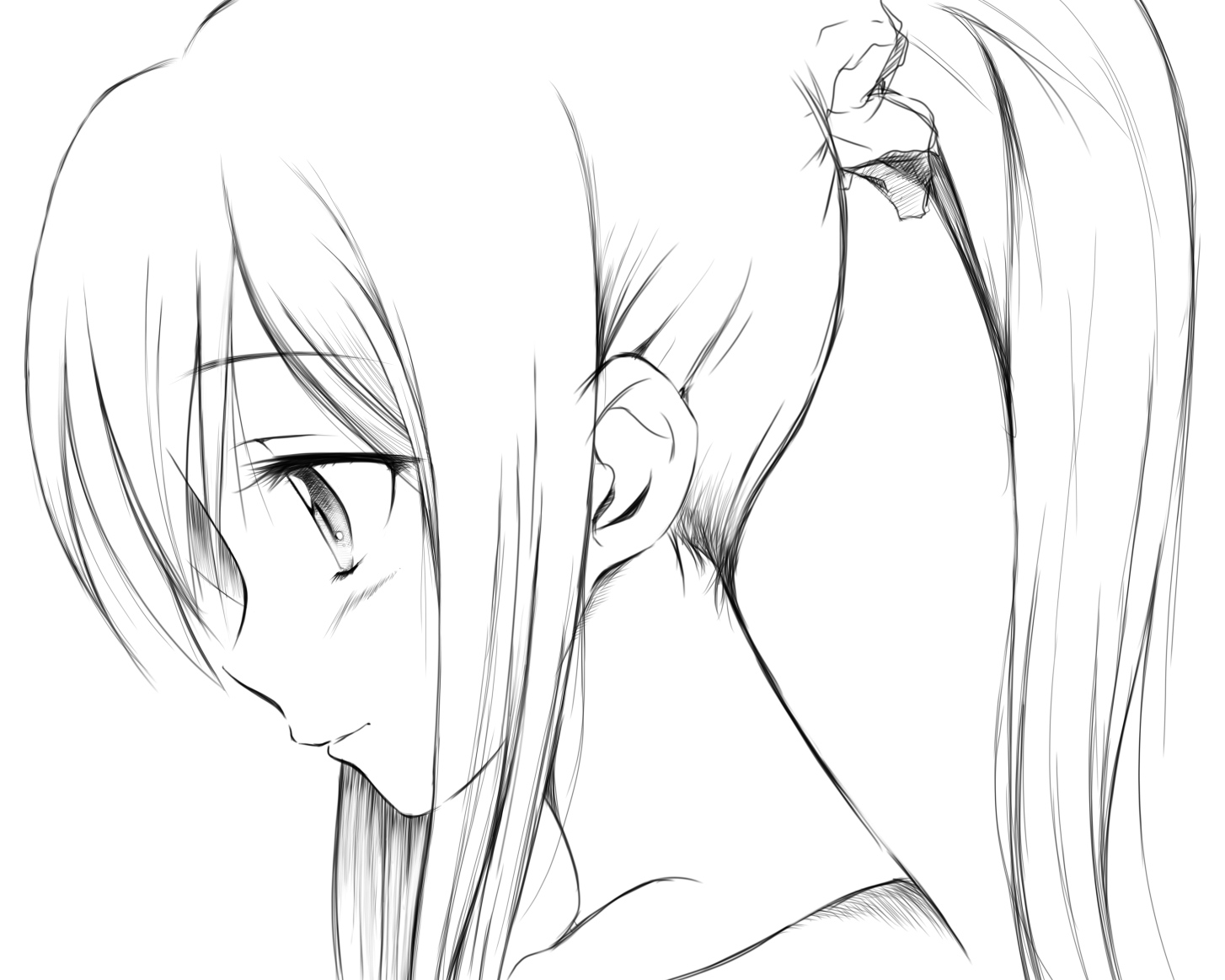 ginga_e_kickoff, kemukemu, monochrome, ponytail, sketch, takato_erika