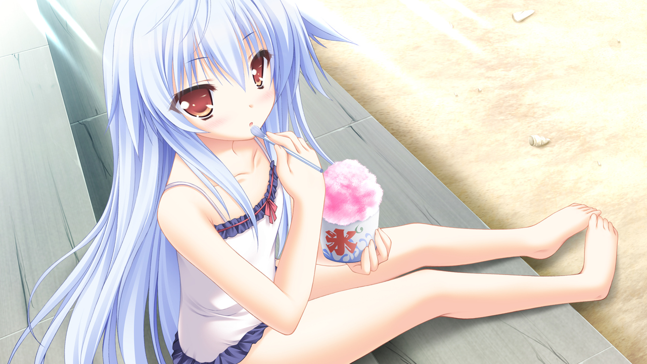 barefoot, blue_hair, blush, brown_eyes, flat_chest, food, fujisaki_mao, game_cg, hanairo_heptagram, ice_cream, long_hair, lump_of_sugar, moekibara_fumitake, swimsuit