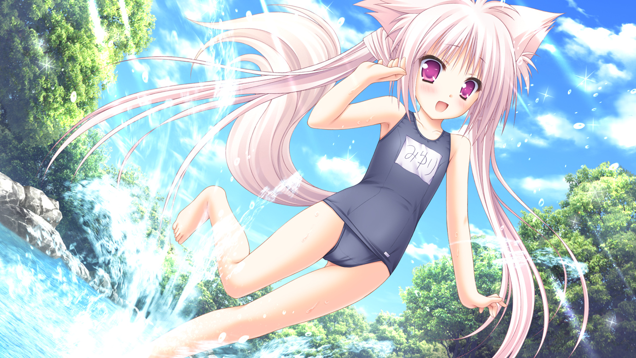 animal_ears, foxgirl, game_cg, hanairo_heptagram, loli, long_hair, lump_of_sugar, miyuri, moekibara_fumitake, pink_eyes, pink_hair, school_swimsuit, swimsuit, tail, water