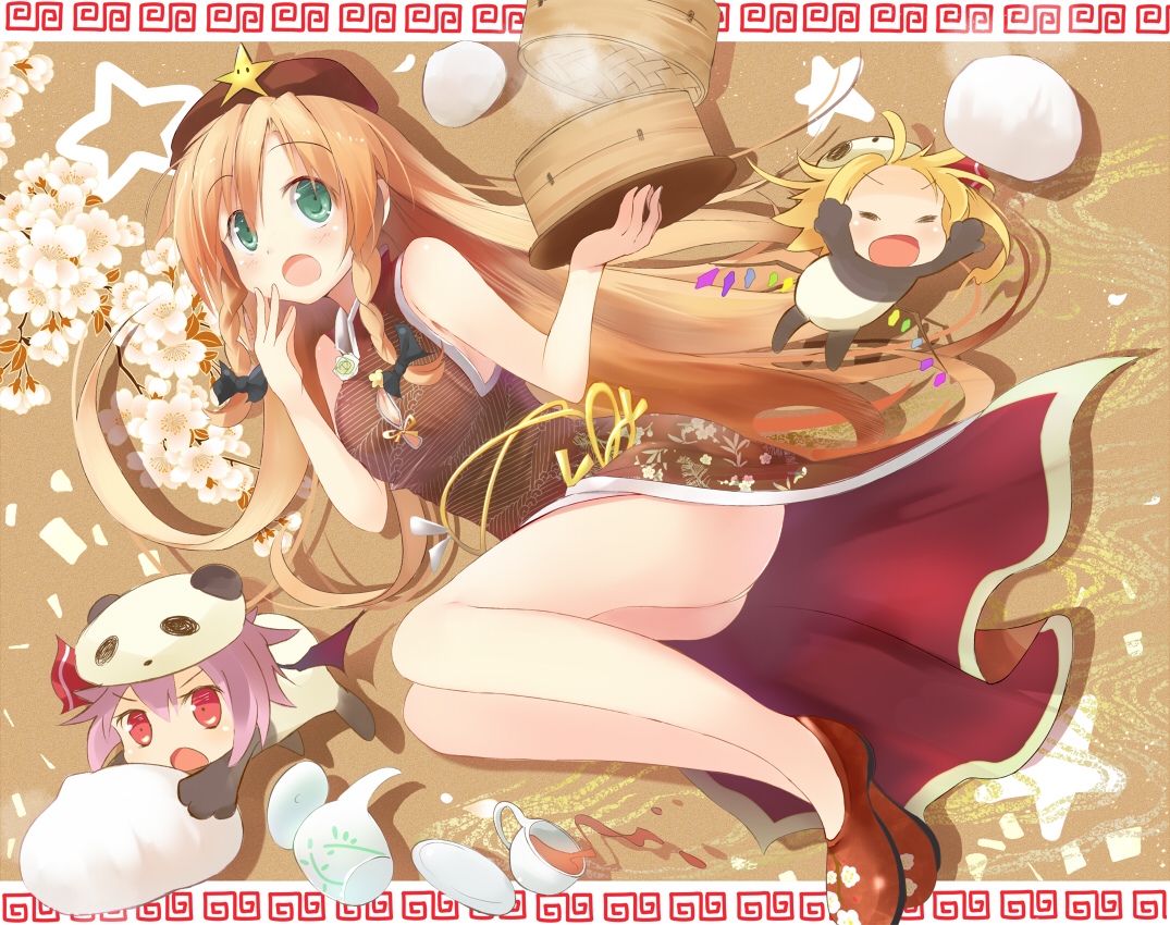 chibi, chinese_clothes, chinese_dress, cosplay, dress, efe, flandre_scarlet, food