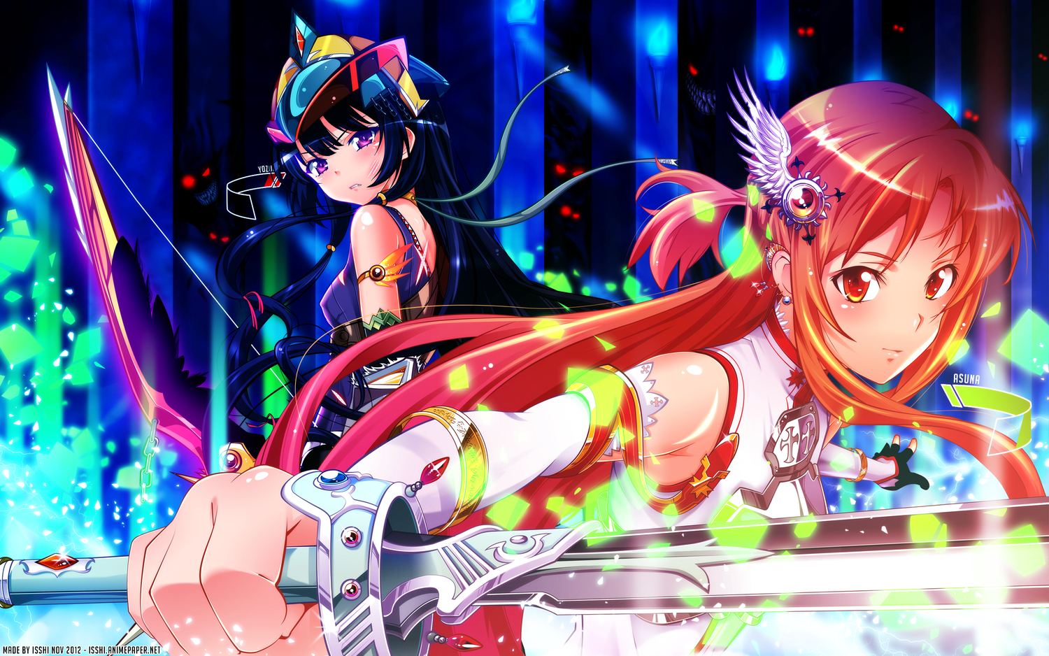 2girls, boku_wa_tomodachi_ga_sukunai, crossover, isshi, long_hair, mikazuki_yozora, sword, sword_art_online