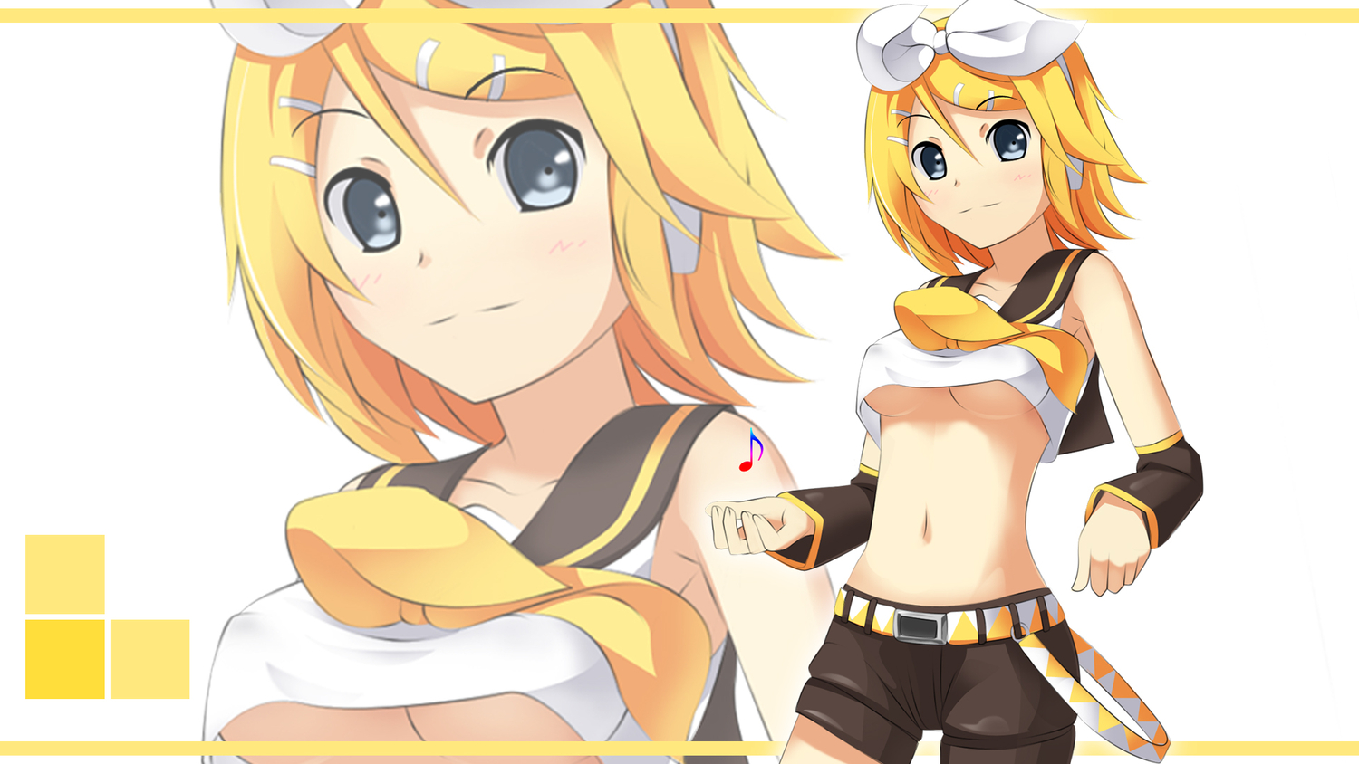 blonde_hair, breasts, gray_eyes, kagamine_rin, navel, short_hair, underboob, vocaloid, yakitori-oni, zoom_layer