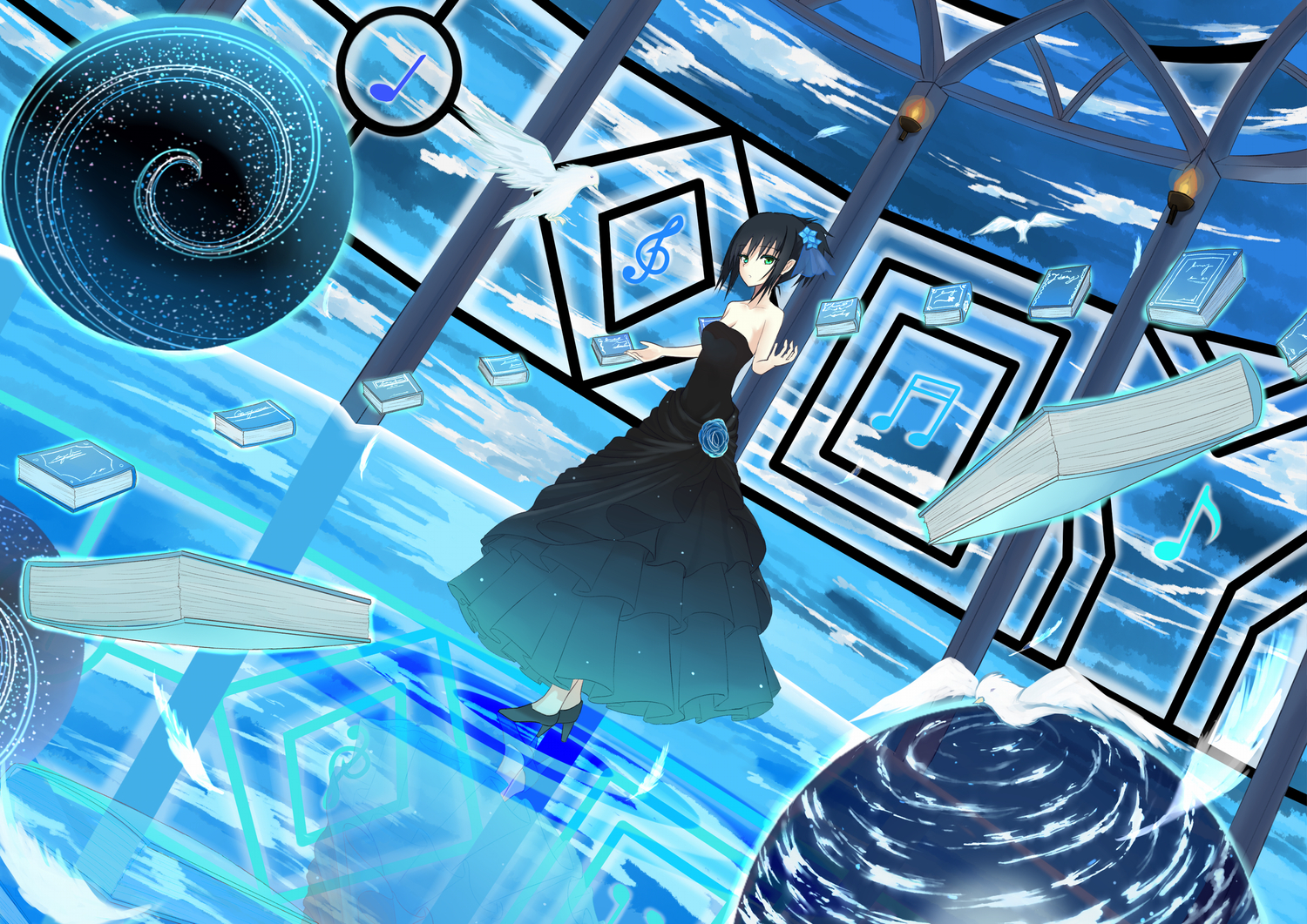 alua, animal, bird, black_hair, book, clouds, dress, feathers, green_eyes, music, original, short_hair, sky, water