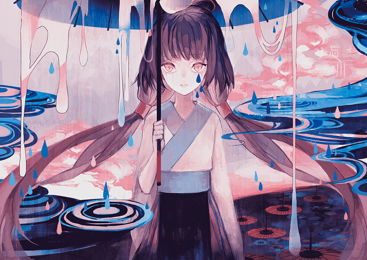brown_hair, chinese_clothes, long_hair, luo_tianyi, pink_eyes, polychromatic, satsuyu_ito, twintails, umbrella, vocaloid, vsinger