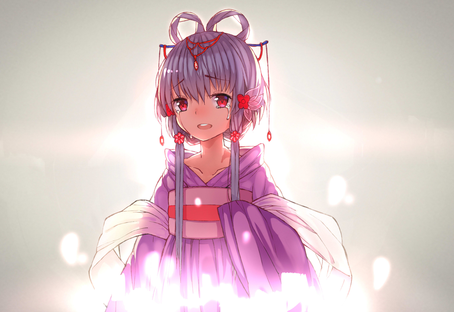chinese_clothes, crying, gray_hair, hei_yan-m82a1, jpeg_artifacts, long_hair, luo_tianyi, red_eyes