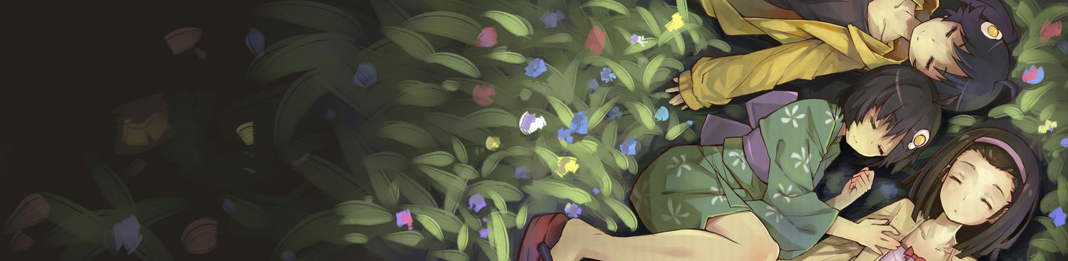 araragi_karen, araragi_tsukihi, flowers, grass, headband, hei_yan-m82a1, japanese_clothes, monogatari_(series)