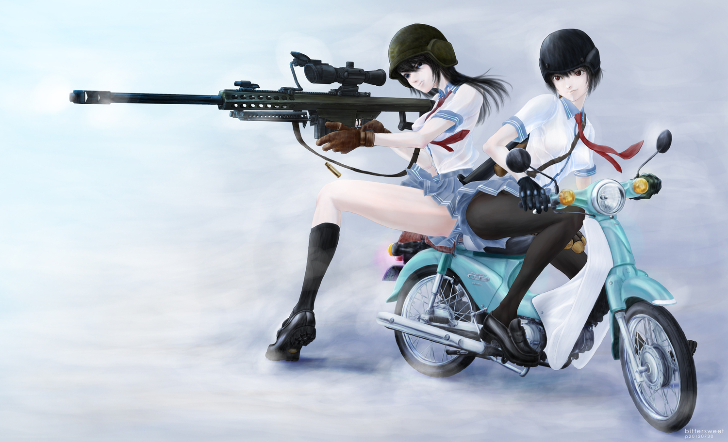 2girls, bittersweet6968, black_hair, gloves, gun, long_hair, motorcycle, original, pantyhose, school_uniform, short_hair, tie, weapon