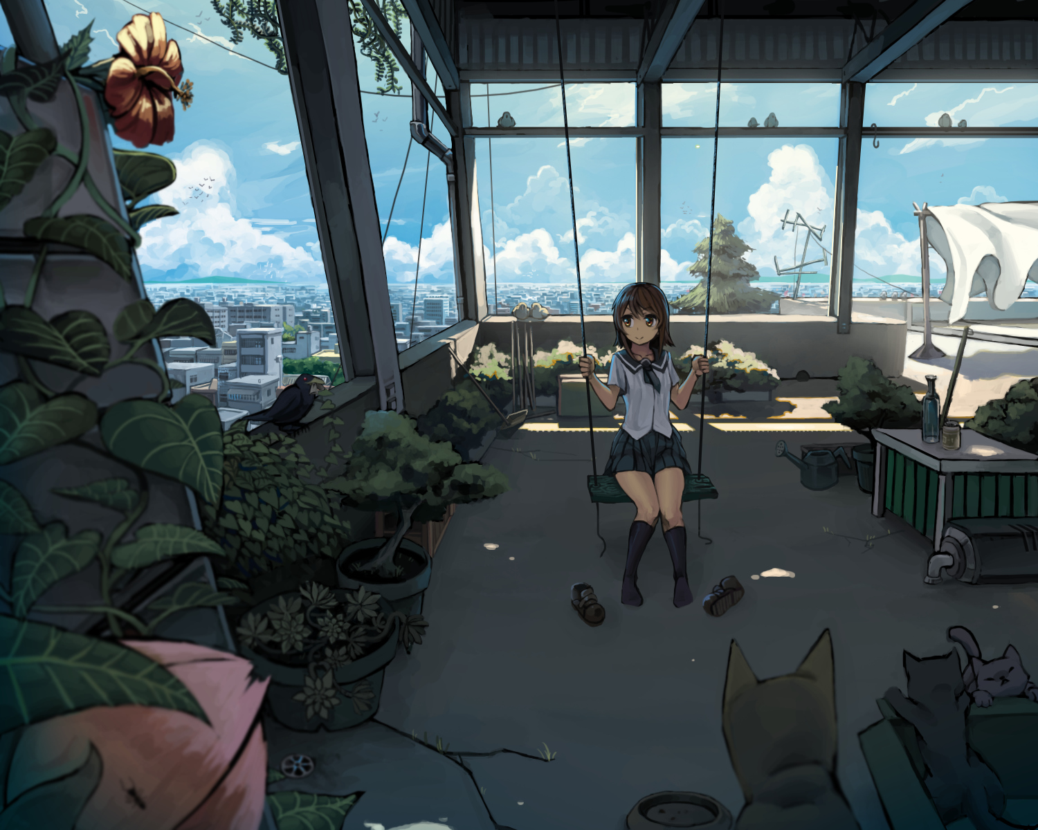 animal, bird, brown_hair, building, cat, city, flowers, original, rai32019, rooftop, scenic, school_uniform, shade, short_hair, tagme, tree
