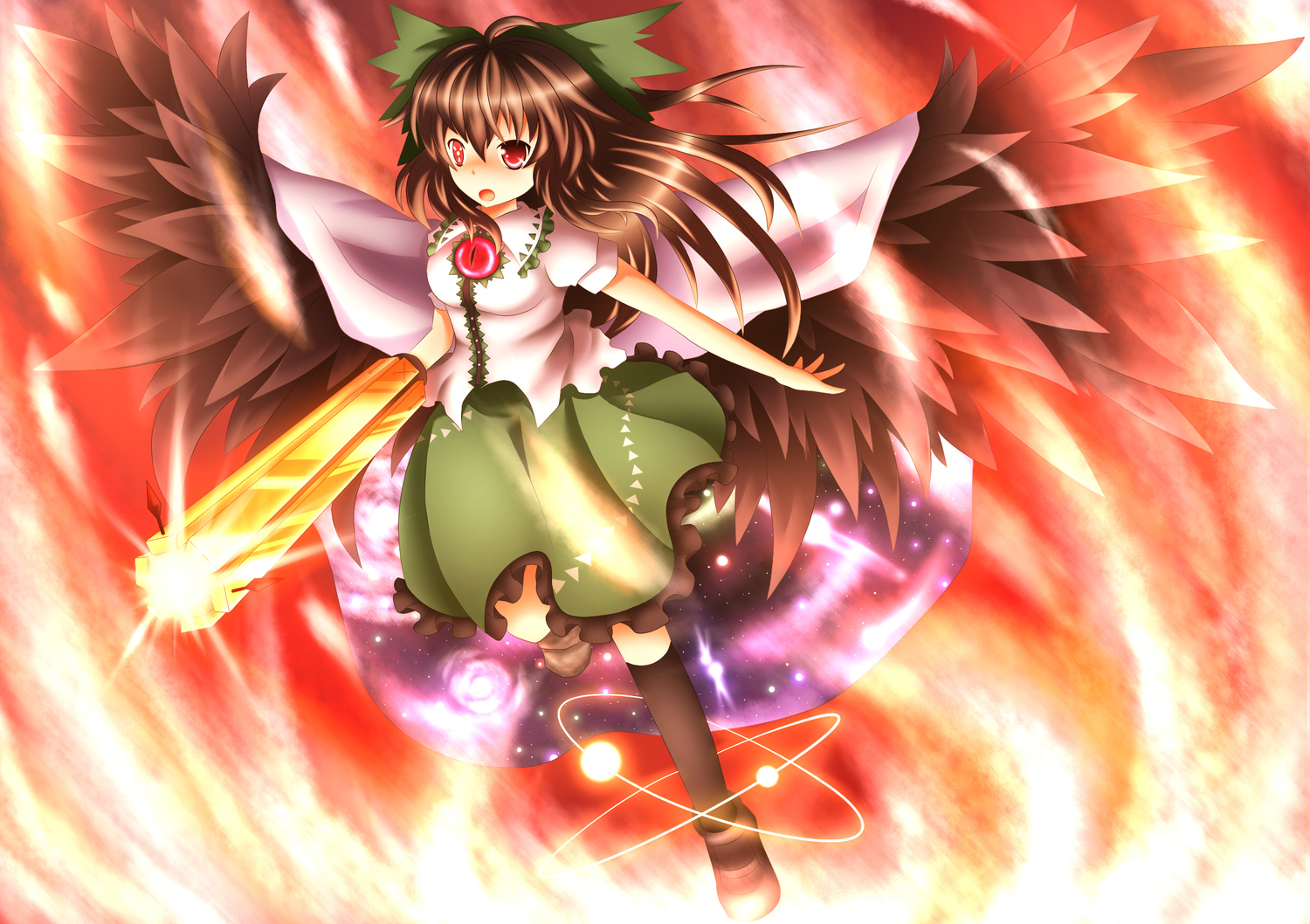 bow, brown_hair, kuroyume_(dark495), long_hair, red_eyes, reiuji_utsuho, touhou, weapon