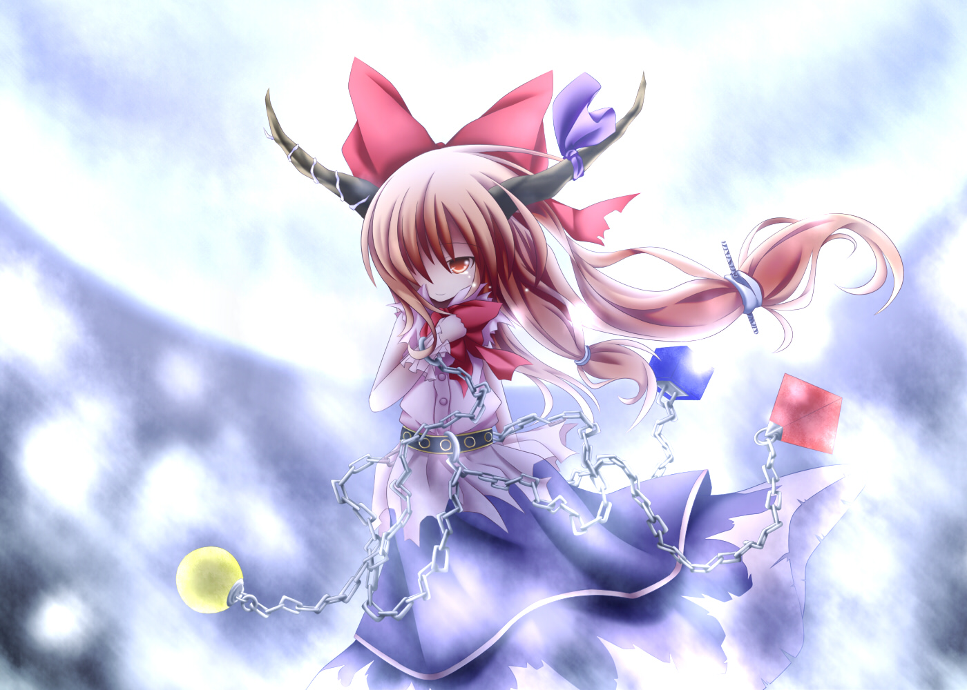 bow, chain, horns, ibuki_suika, kuroyume_(dark495), long_hair, orange_eyes, orange_hair, tears, touhou