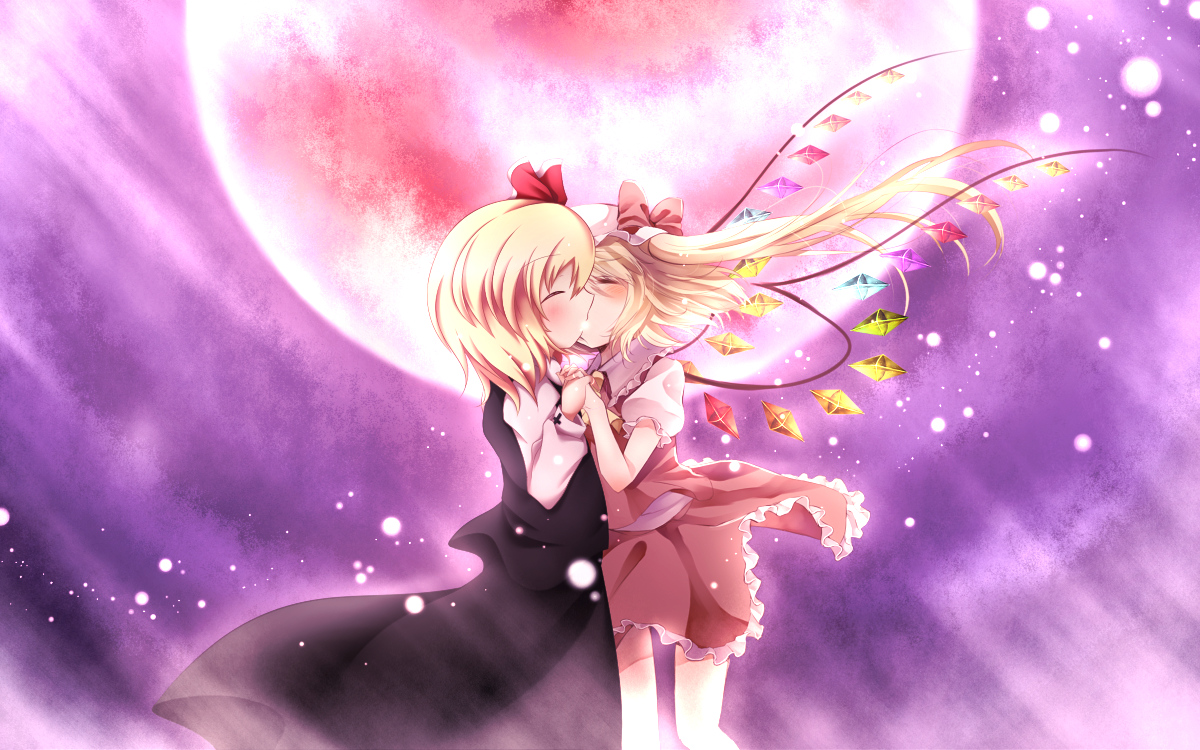 2girls, blonde_hair, blush, bow, dress, flandre_scarlet, hat, kiss, kuroyume_(dark495), moon, night, ponytail, ribbons, rumia, short_hair, shoujo_ai, sky, touhou, vampire, wings