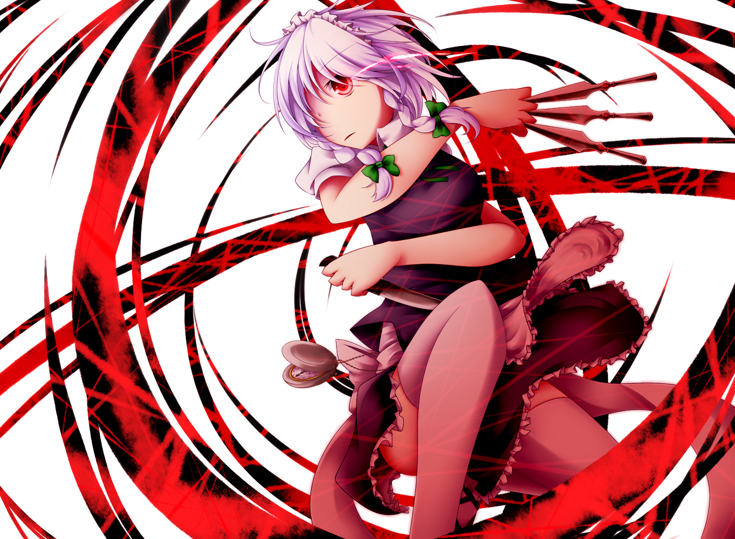 apron, braids, gray_hair, headdress, izayoi_sakuya, knife, kuroyume_(dark495), maid, red_eyes, ribbons, short_hair, thighhighs, touhou, weapon, zettai_ryouiki