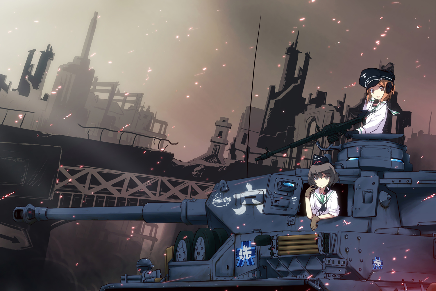 2girls, akiyama_yukari, brown_hair, building, city, combat_vehicle, girls_und_panzer, gloves