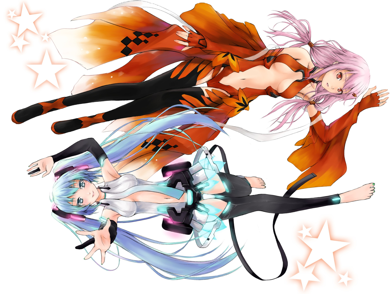 2girls, aqua_eyes, barefoot, bodysuit, breasts, cleavage, dan_(killaflip), elbow_gloves, gloves, guilty_crown, hatsune_miku, long_hair, miku_append, navel, pink_hair, red_eyes, thighhighs, twintails, vocaloid, white, yuzuriha_inori