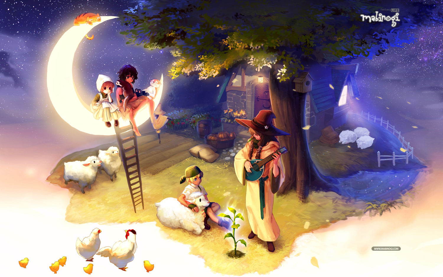 alissa, animal, deian, mabinogi, moon, nele, night, sheep, tupai, wierd_cat