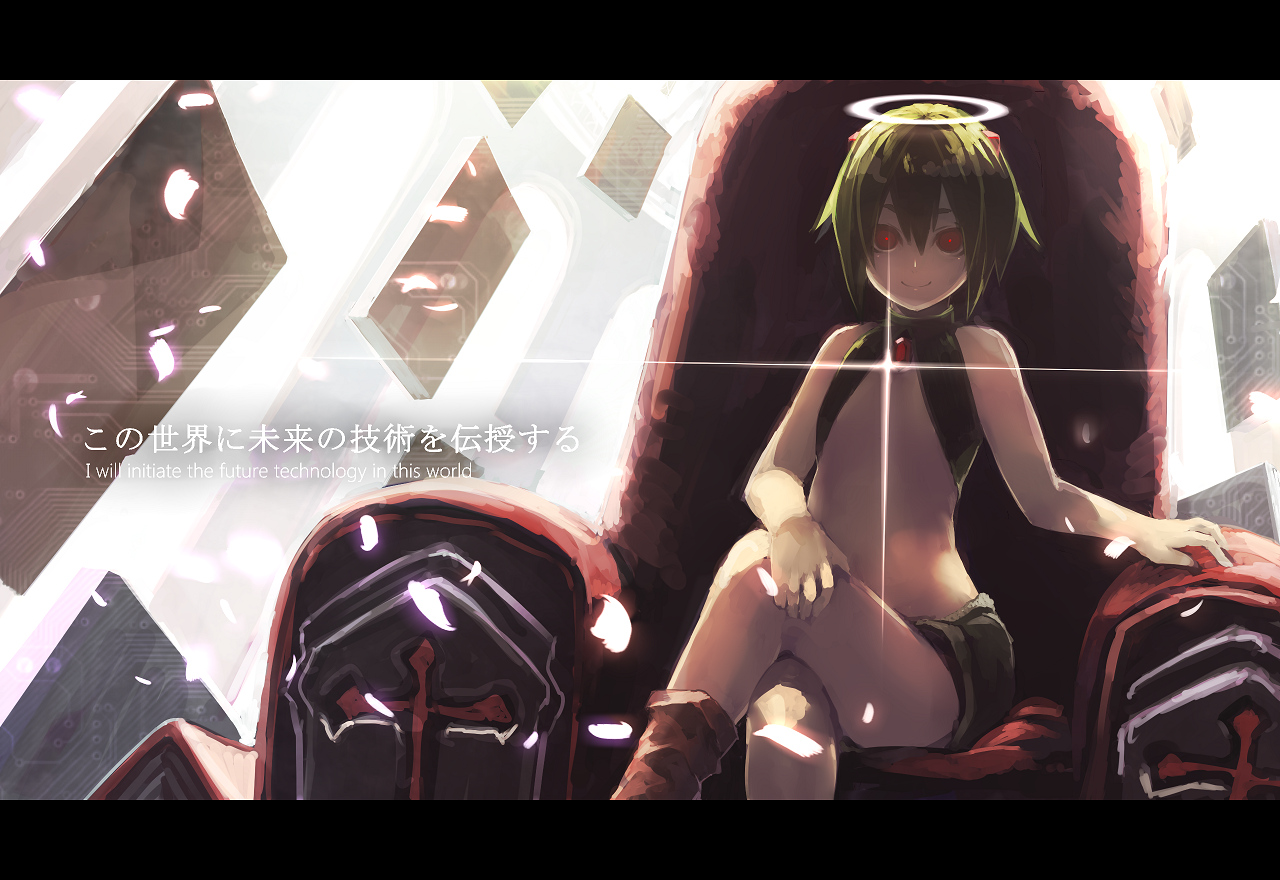 anthropomorphism, creeper, green_hair, halo, kitsune_(kazenouta), minecraft, red_eyes, short_hair