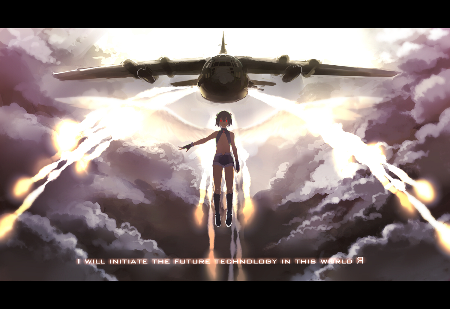 aircraft, anthropomorphism, boots, clouds, combat_vehicle, creeper, gloves, green_hair