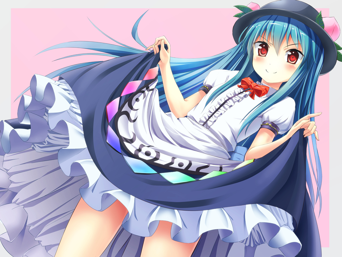 blue_hair, blush, bug_(artist), dress, hat, hinanawi_tenshi, long_hair, red_eyes