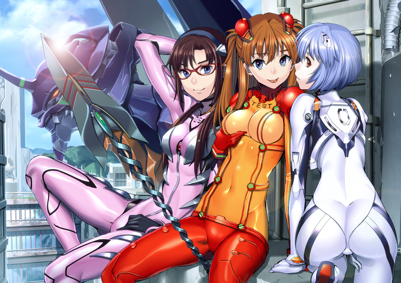 ass, ayanami_rei, bodysuit, fukurou_tei, makinami_mari_illustrious, mecha, neon_genesis_evangelion, skintight, soryu_asuka_langley, weapon
