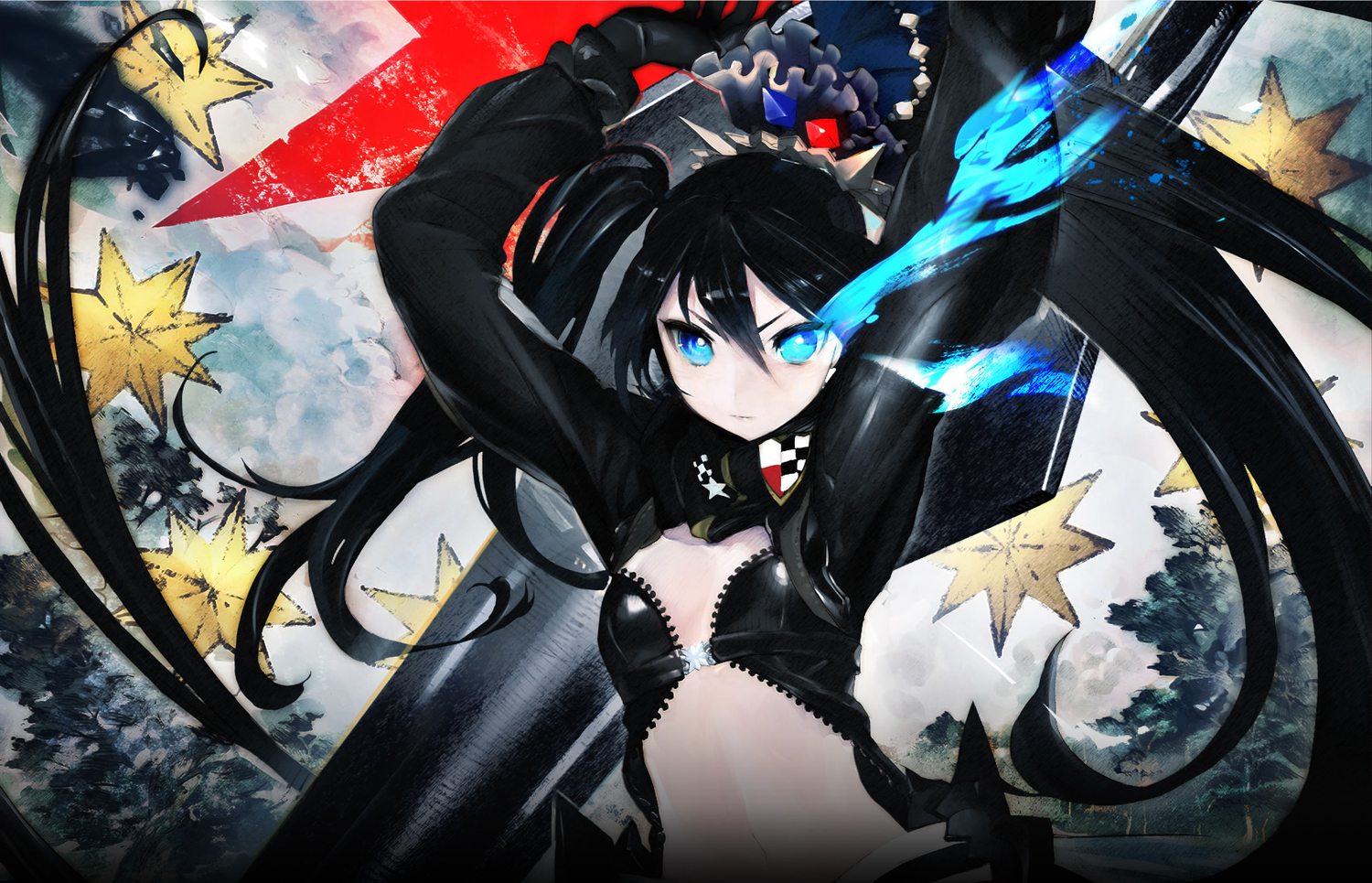black_hair, black_rock_shooter, black_rock_shooter_arcana, blue_eyes, kuroi_mato, long_hair, navel, taiki_(luster)