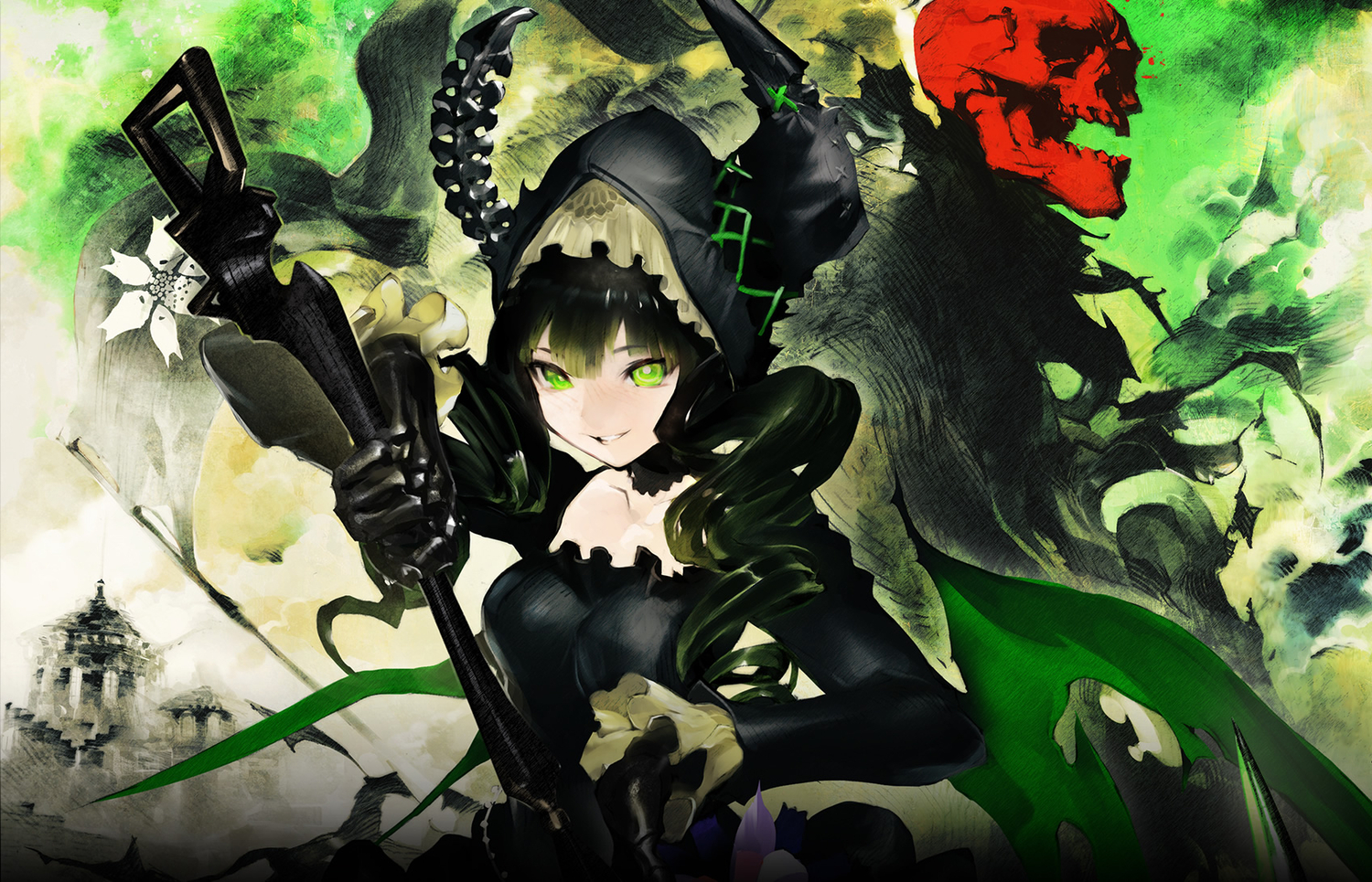 black_hair, black_rock_shooter, black_rock_shooter_arcana, green_eyes, horns, skull, taiki_(luster), takanashi_yomi