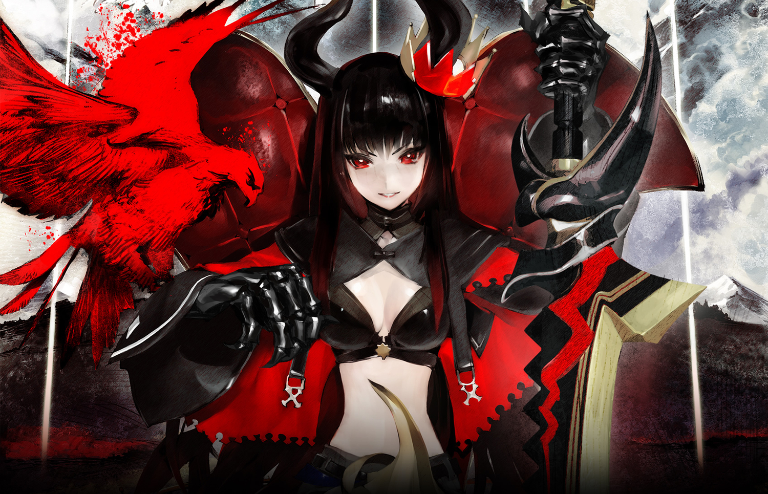 black_rock_shooter, black_rock_shooter_arcana, breasts, cleavage, crown, horns, irino_saya, long_hair, red_eyes, sword, taiki_(luster), weapon
