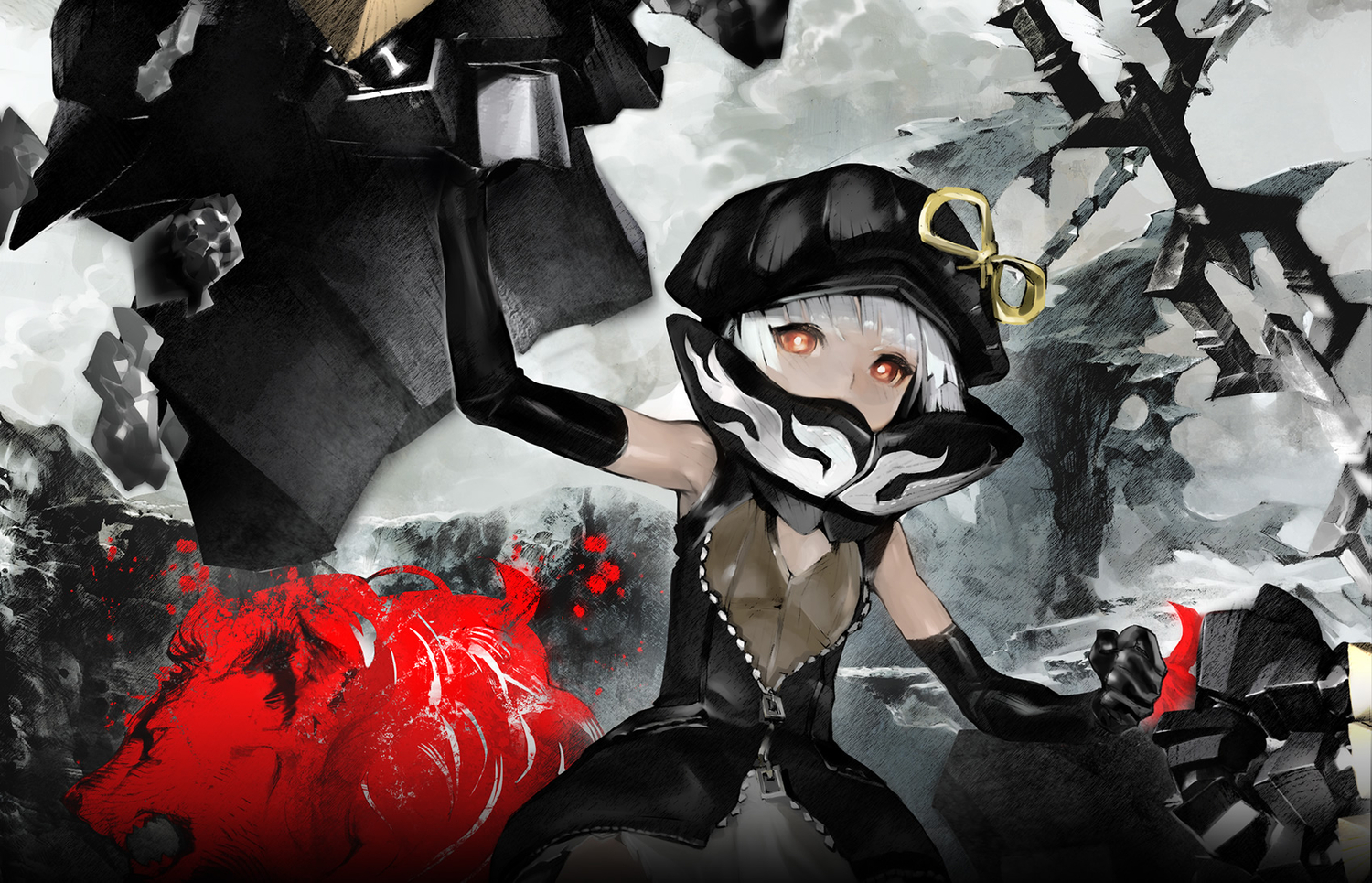 black_rock_shooter, black_rock_shooter_arcana, dark_skin, hat, koutari_yuu, ribbons, taiki_(luster), white_hair