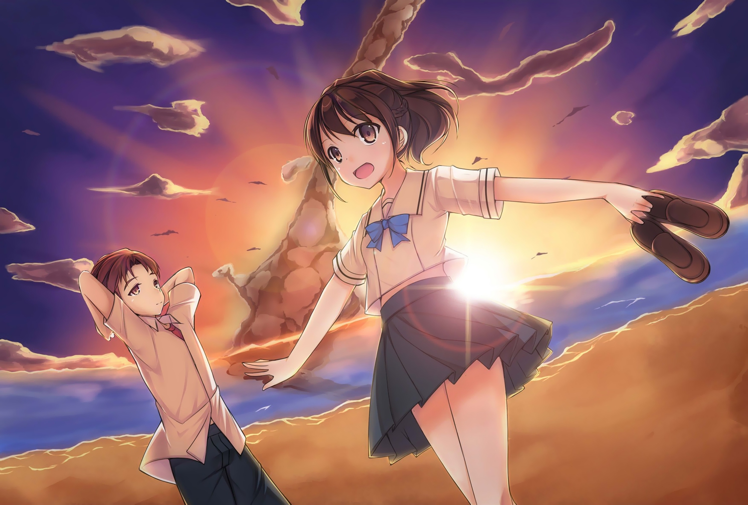 beach, jpeg_artifacts, luky, robotics;notes, school_uniform, senomiya_akiho, sunset, yashio_kaito