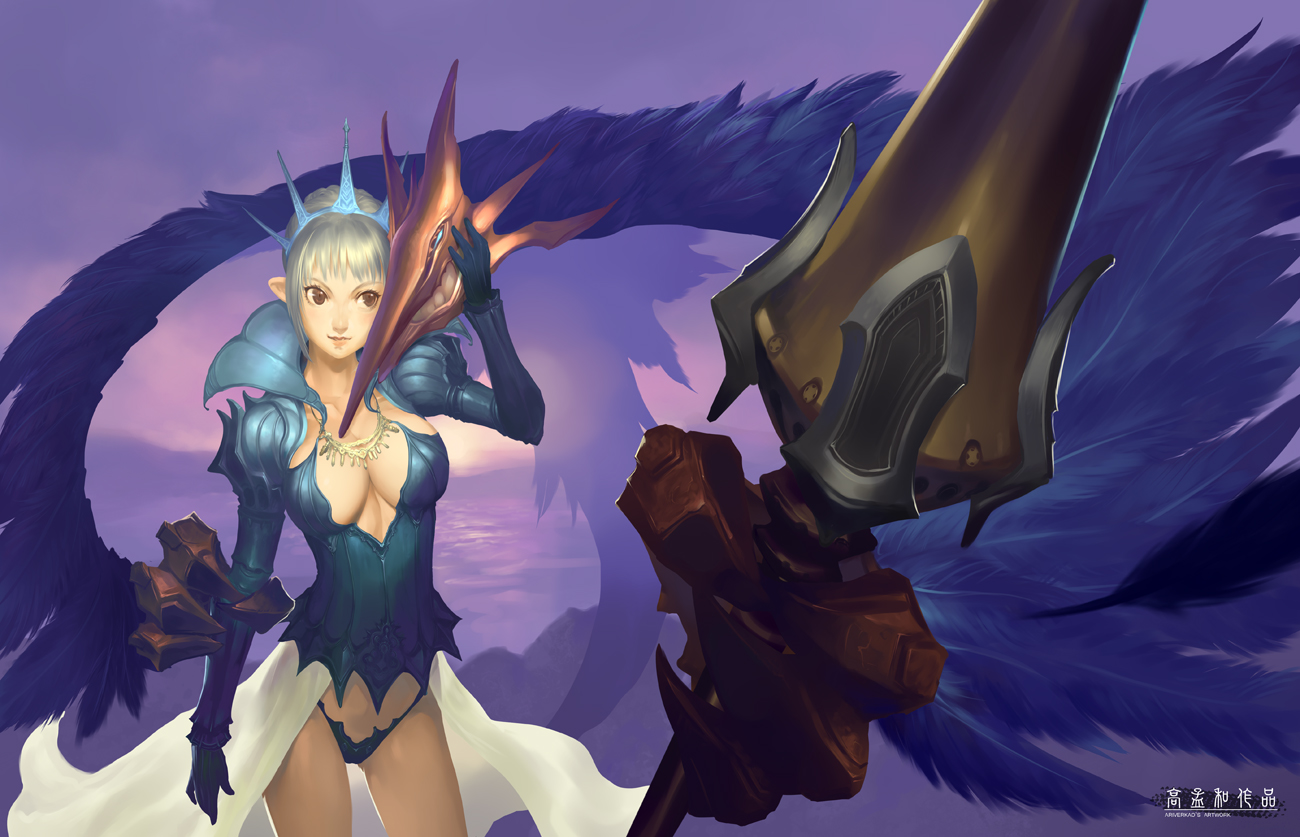 ariverkao, blonde_hair, breasts, brown_eyes, cleavage, original, panties, sword