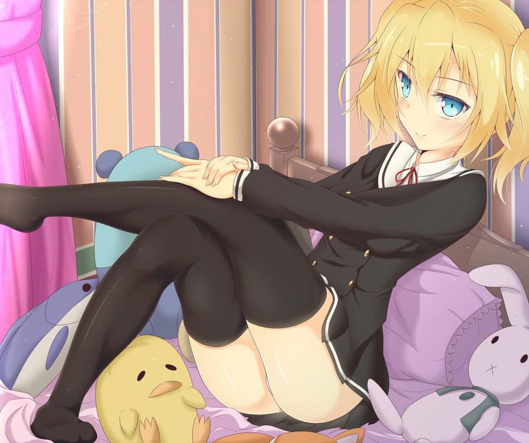akane_miu, bed, blonde_hair, blue_eyes, nasuhara_anastasia, onii-chan_dakedo_ai_sae_areba_kankei_naiyo_ne, panties, short_hair, thighhighs, twintails, underwear