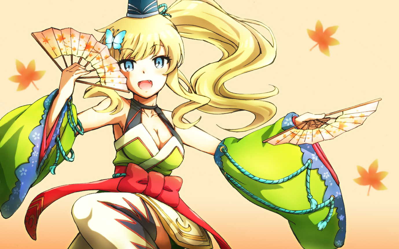 blonde_hair, blue_eyes, breasts, cleavage, fan, hat, idolmaster, idolmaster_cinderella_girls, japanese_clothes, long_hair, ootsuki_yui, suneo_(goten), tagme