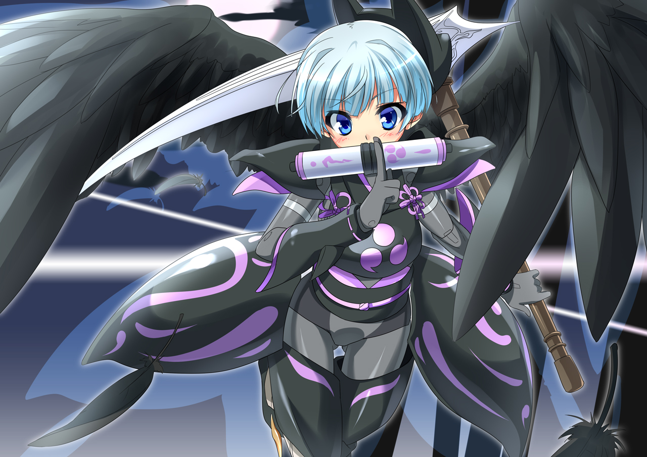 blue_eyes, blue_hair, busou_shinki, feathers, mtu, ninja, scythe, short_hair