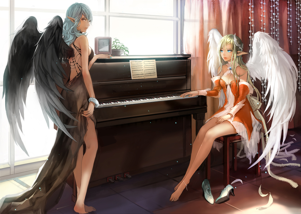 2girls, barefoot, blonde_hair, blue_eyes, blue_hair, ddongu, instrument, original, piano, pointed_ears, wings