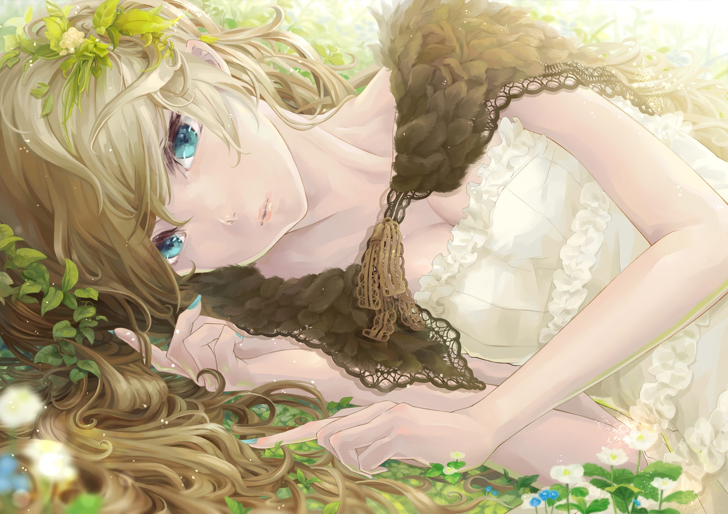 aqua_eyes, blonde_hair, breasts, cleavage, dress, flowers, long_hair, original, piyotama