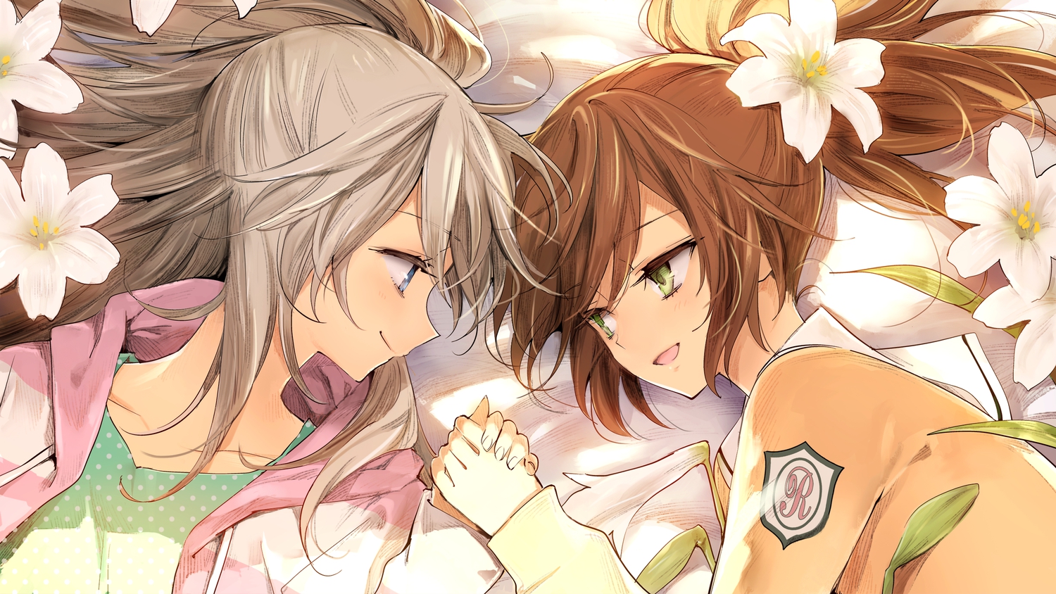 2girls, aeba_seri, blue_eyes, brown_hair, flowers, gray_hair, green_eyes, kodoku_ni_kiku_yuri, konno_fusa, minakata_sunao, ponytail, shoujo_ai