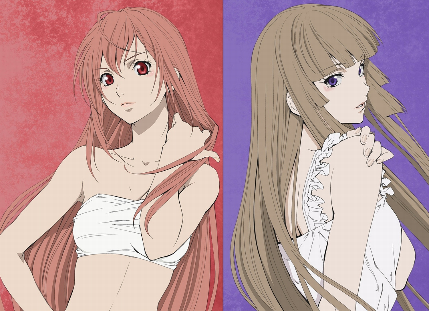 brown_hair, fuwa_aika, jpeg_artifacts, kusaribe_hakaze, long_hair, pink_hair, purple_eyes, red_eyes, zetsuen_no_tempest