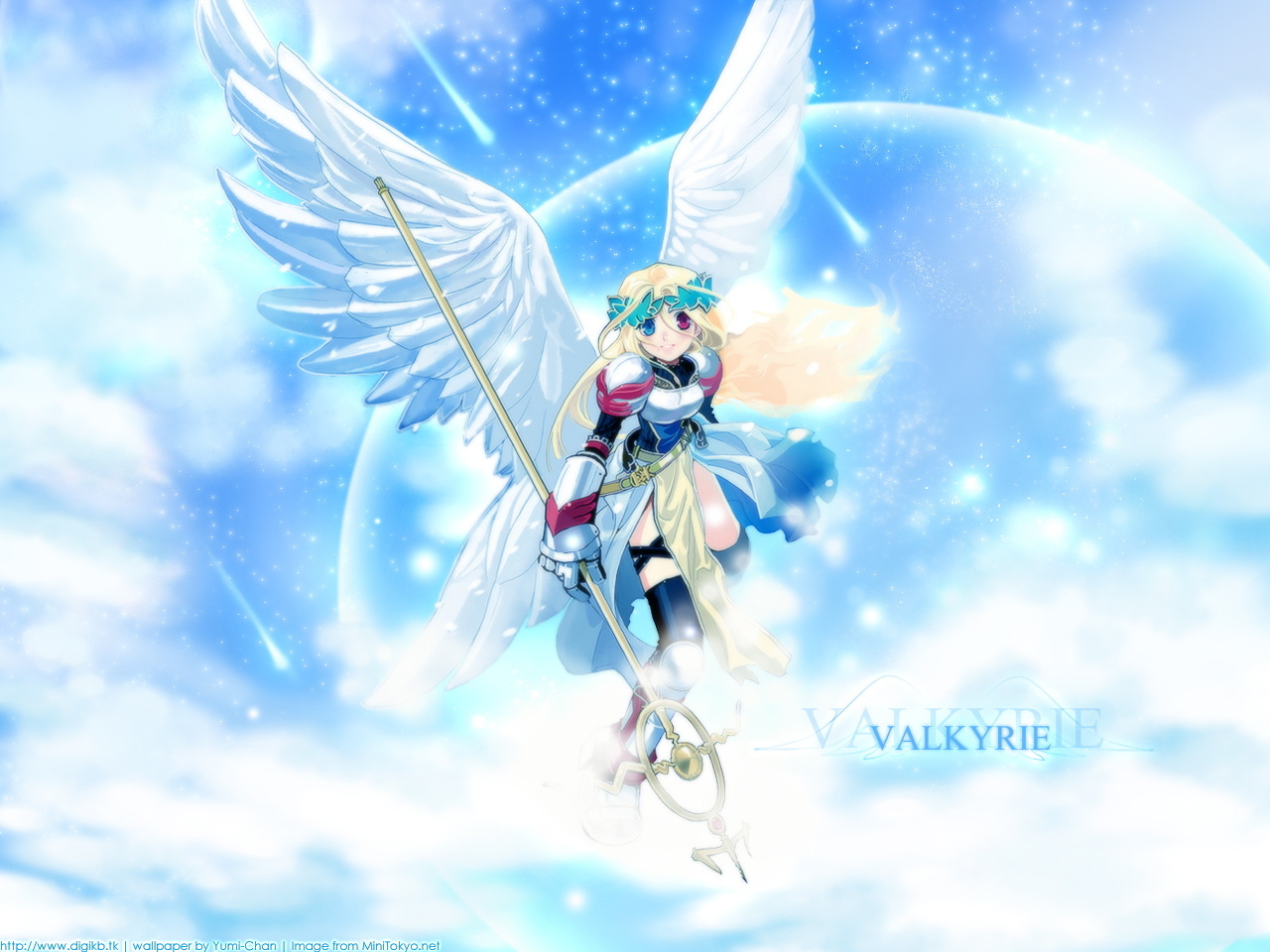 angel, bicolored_eyes, blue, clouds, milktea, ragnarok_online, sky, staff, wings