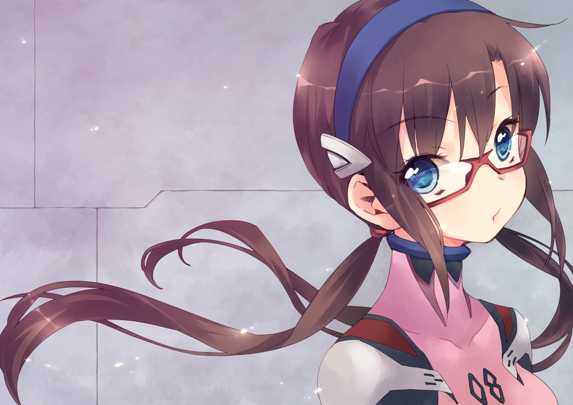 blue_eyes, bodysuit, brown_hair, ech, glasses, makinami_mari_illustrious, neon_genesis_evangelion, skintight