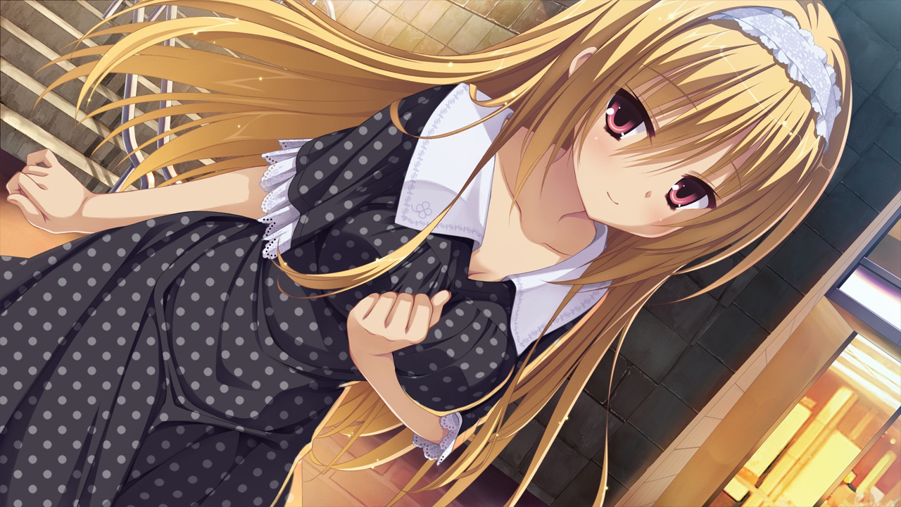 blonde_hair, breast_hold, breasts, cleavage, dracu-riot!, dress, game_cg, long_hair, muririn, nicola_cepheus, red_eyes, yuzusoft