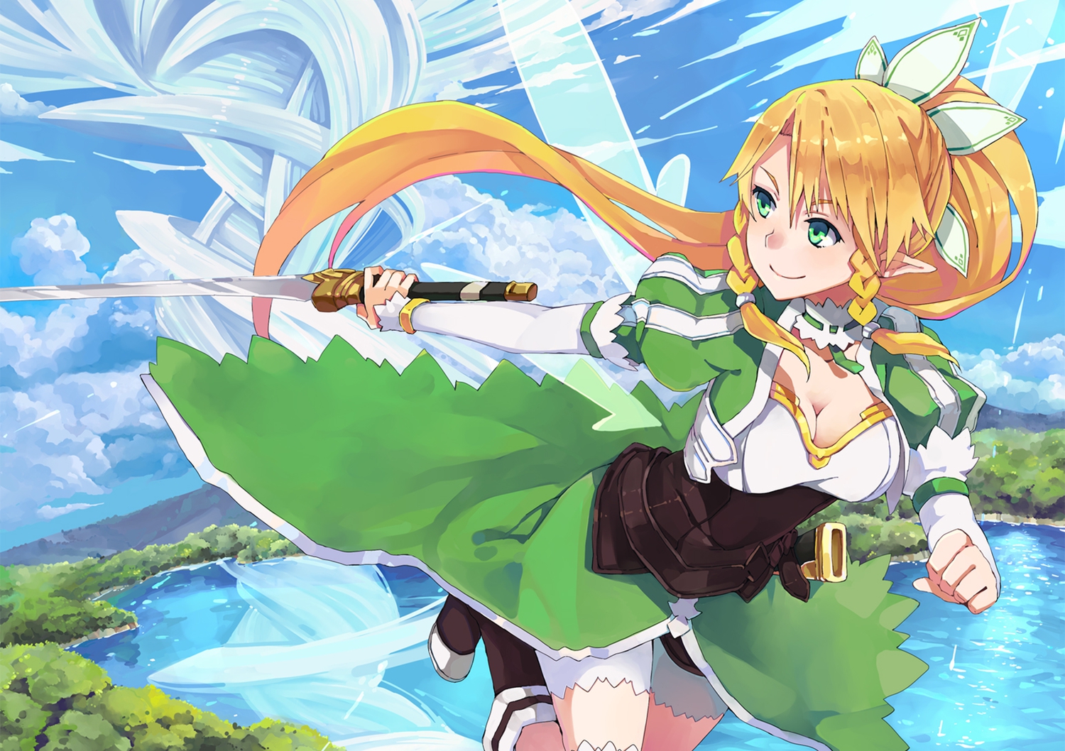 blonde_hair, dress, green_eyes, hao_(patinnko), leafa, pointed_ears, sky, sword