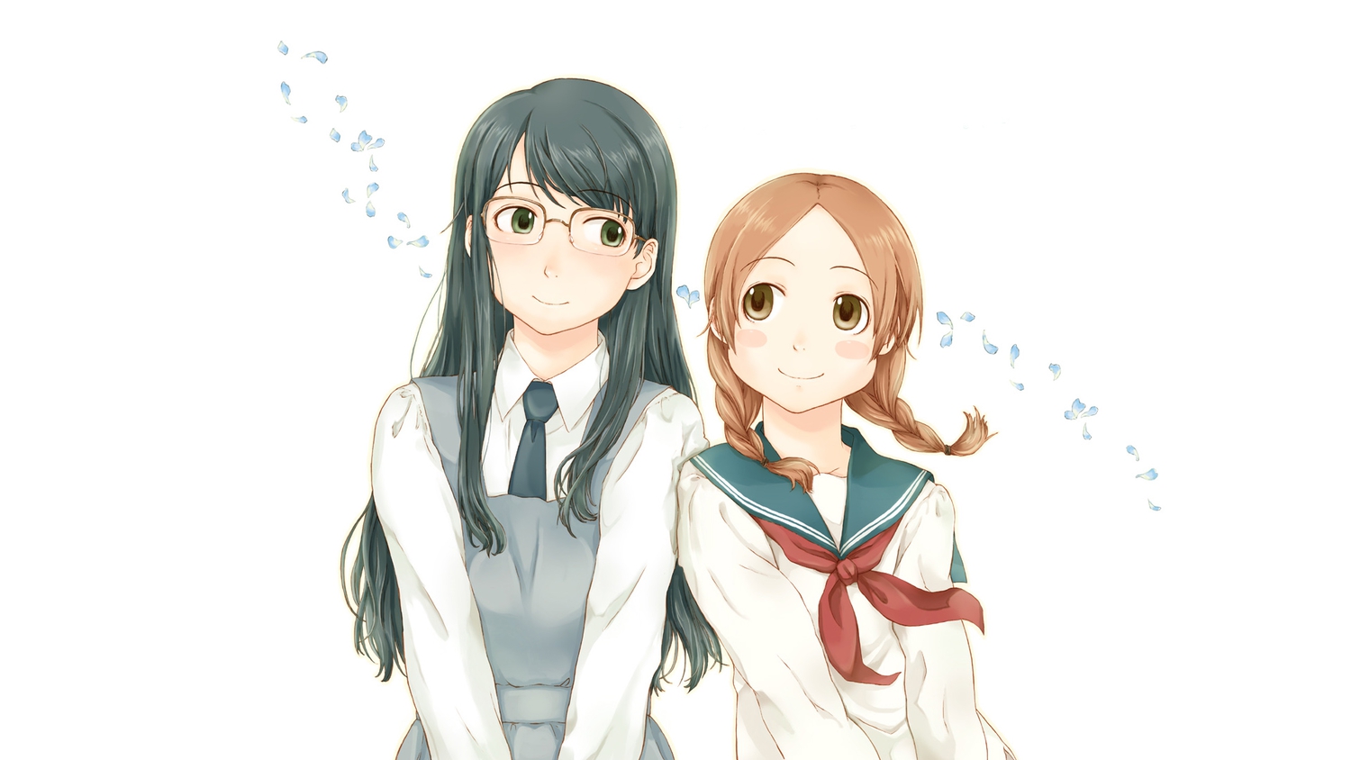 aoi_hana, black_hair, brown_hair, green_eyes, manjoume_fumi, okudaira_akira, school_uniform